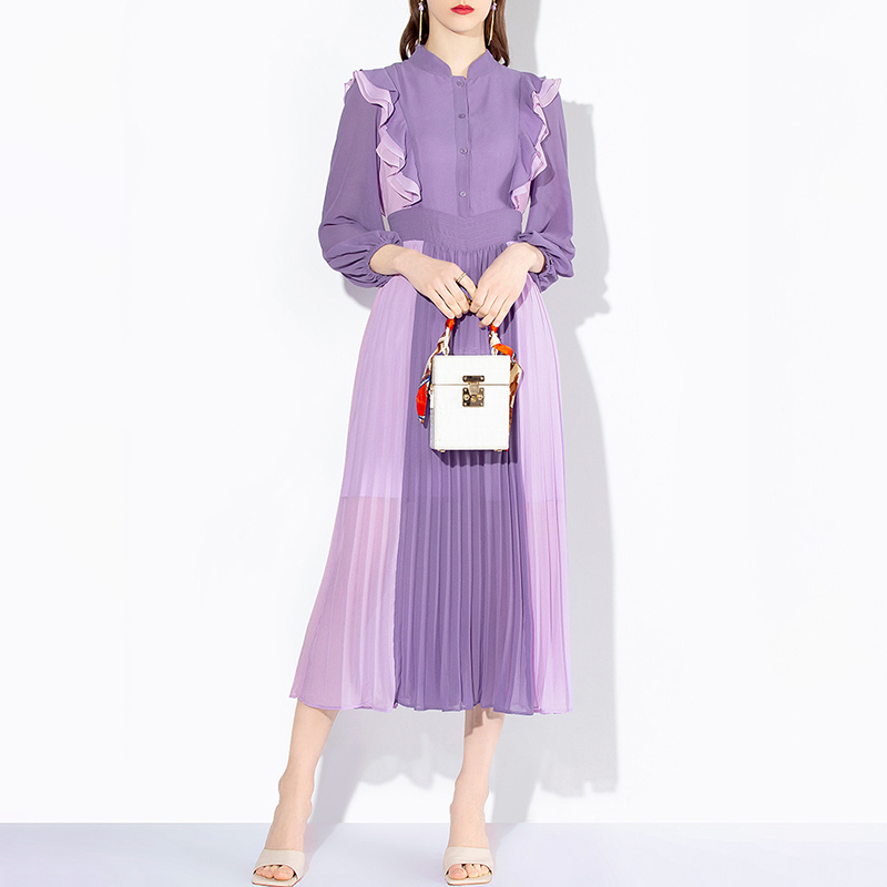 VGH Purple Elegant Dress For Women Stand Collar Lantern Long Sleeve High Waist Midi Pleated Dresses Female Korean Spring Fashion 210421