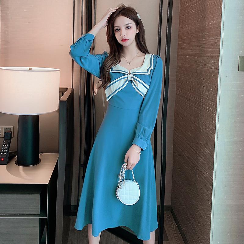 Spring Korean 2021 Blue Elegant Dress Women Vintage Bow Maxi Full Sleeve Casual Work Dresses