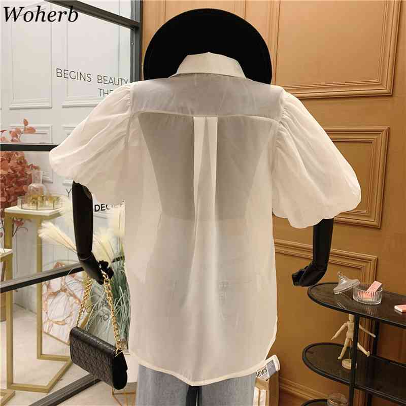Puff Short Sleeve Shirt Women Turn-down Collar Summer Loose Blusas Korean Blouse See Through Temperament Vintage Tops 210519