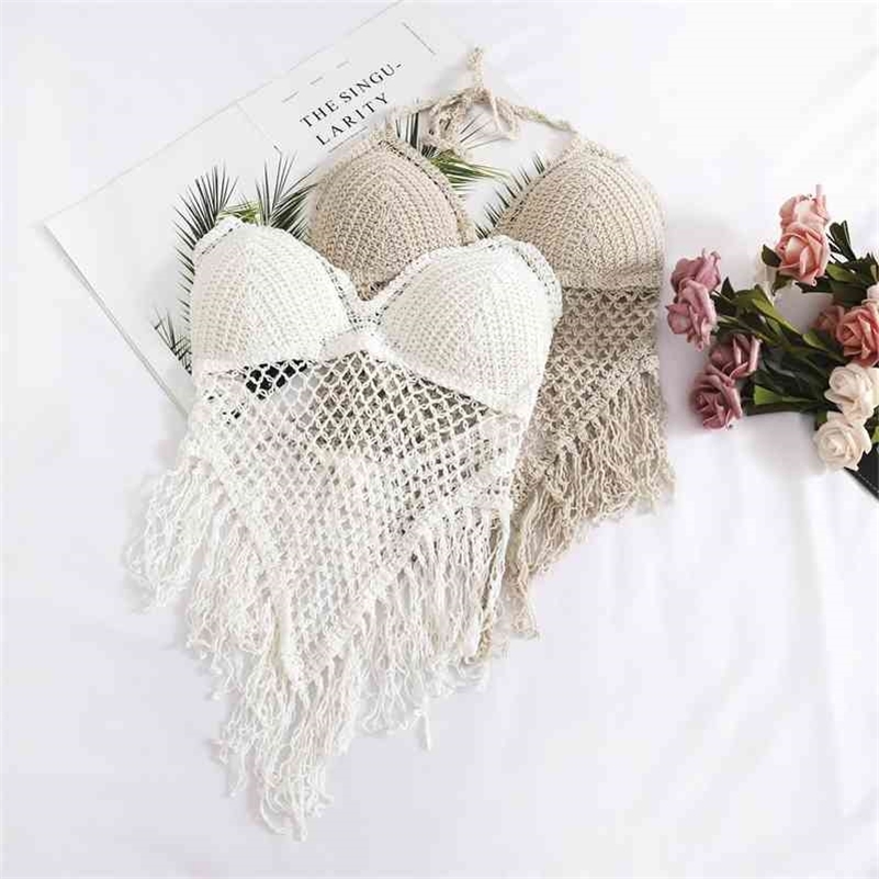 summer holiday beach camis lady sexy tassels crochet camisole women sexy tassels bikini camis female crochet halter bikini tops 210625
