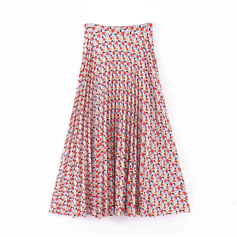 Women Fashion Geometric Print Pleated Skirts High Waist Stylish Long Side Zipper Ladies A Line Midi 210515