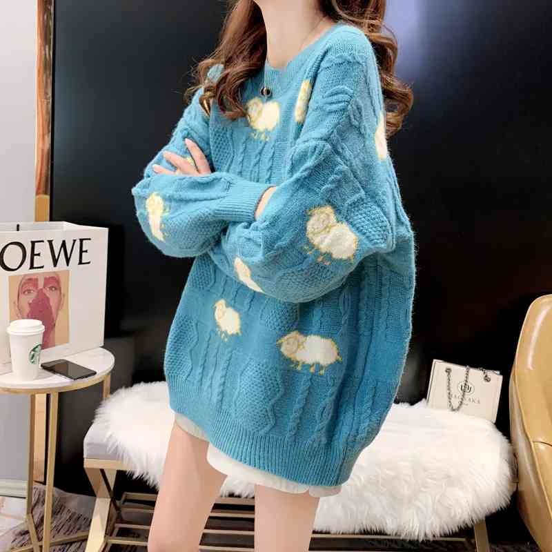 women's sweaters fall of sheep cartoons print women's nightgown loosened the neck knitted sweater fashion jumper buw9, White;black
women's sweaters fall of sheep cartoons print women's nightgown loosened the neck knitted sweater fashion jumper buw9, White;black