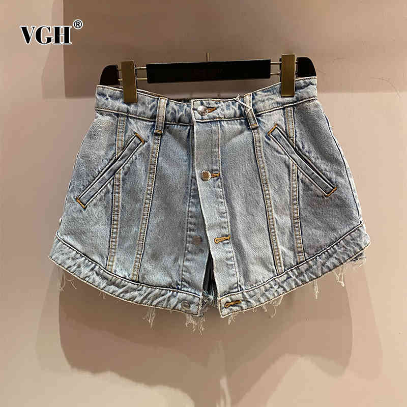 VGH Patchwork Button Blue Denim Short For Women High Waist Casual Mini Skirt Shorts Female Fashion New Clothing Stylish 210421