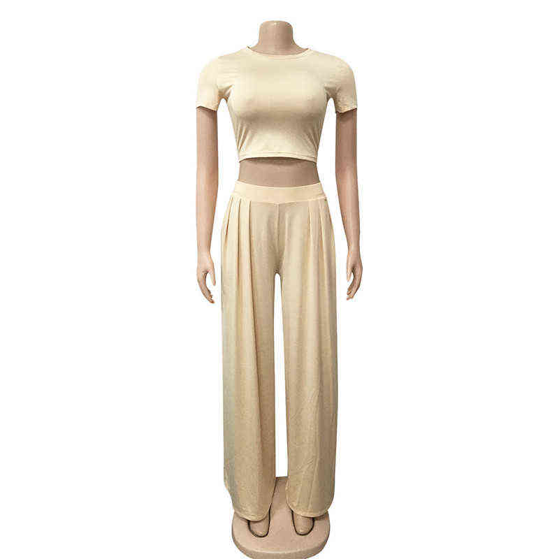 Wholesale Dropshpping High Quality Women Two-piece Sets Solid Color Tight Casual Top + Wide Leg Pants Elasticity 211105