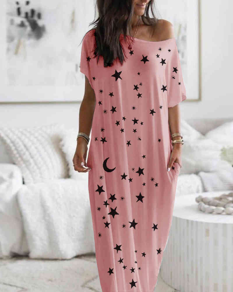 Women Summer Elegant Short Sleeve Stars Print Casual Dress 210415