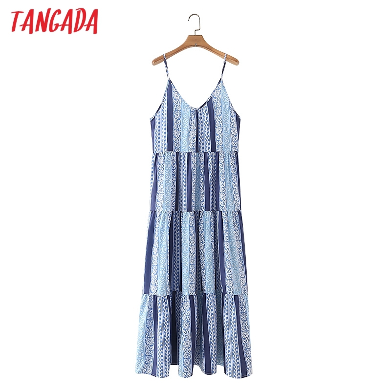 Summer Women Flowers Print Long Strap Sleeveless Ladies Loose Dress Vestidos 5X52 210416