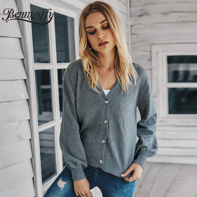 Solid V-Neck Long Sleeve Cardigan Women Autumn Winter Casual Knitted Sweater Outwear Female Knitwear Coat 210510