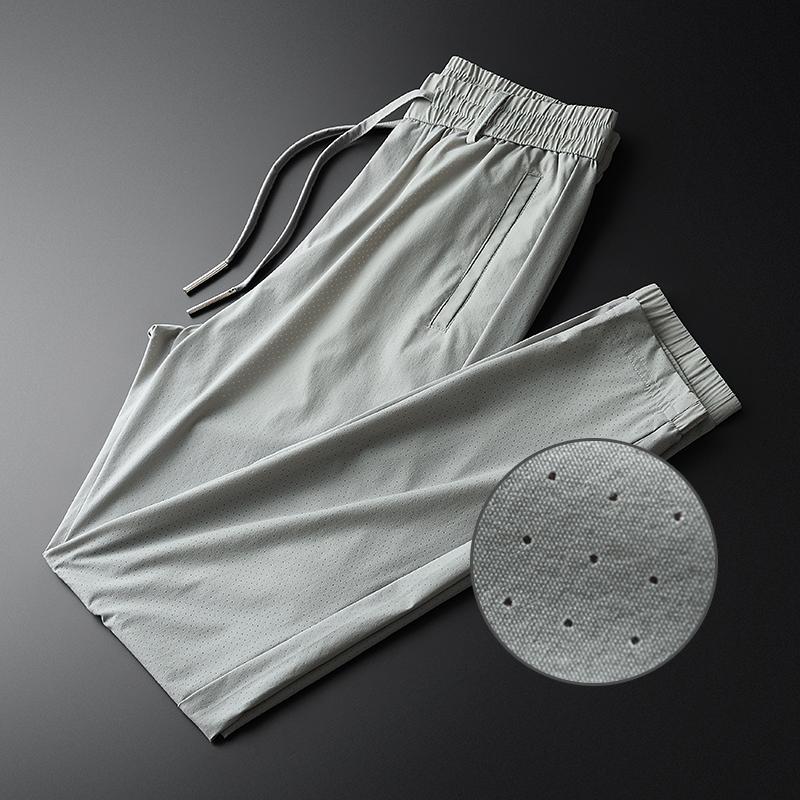 Grey Mens Summer Pants Luxury Ventilated Hollow Fabric Casual Male Pant Plus Size 4xl Elastic Waist Man Trousers Men's