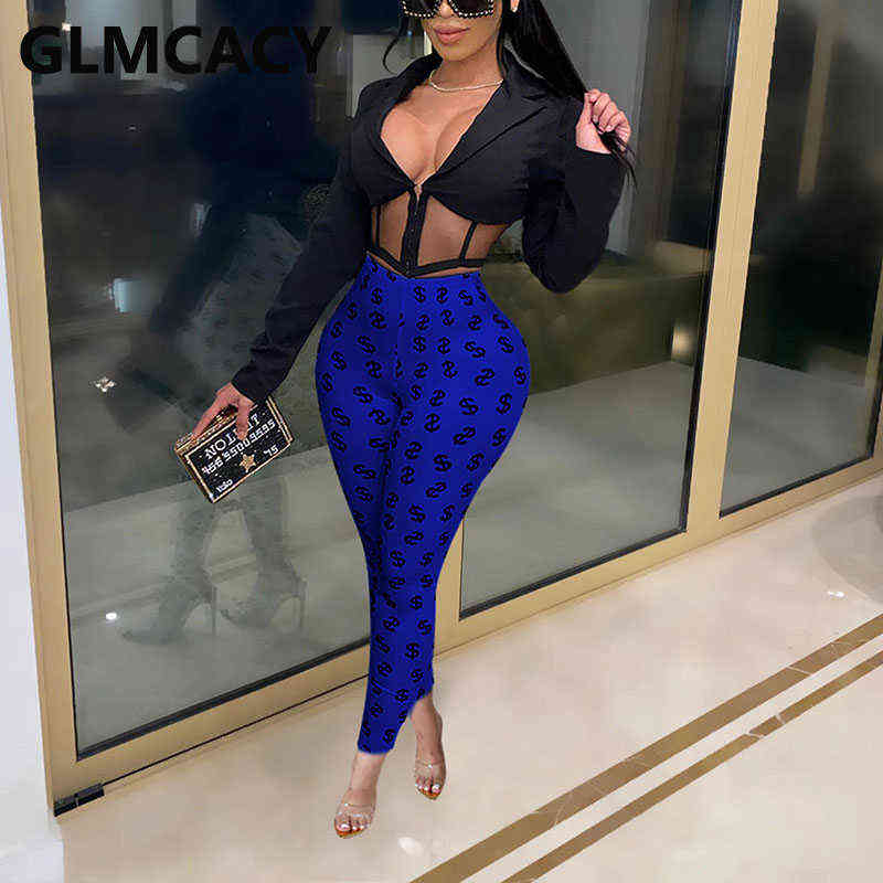Women USD Symbol Printed Pants Casual Skinny Fitness Trousers 211115
