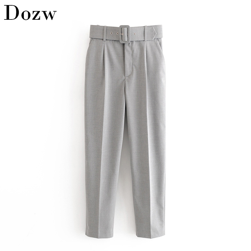 Women Office Lady Gray Suit With Belt High Waist Casual Long Trousers Female Fashion Pockets Pleated Solid Pants 210414 B4
