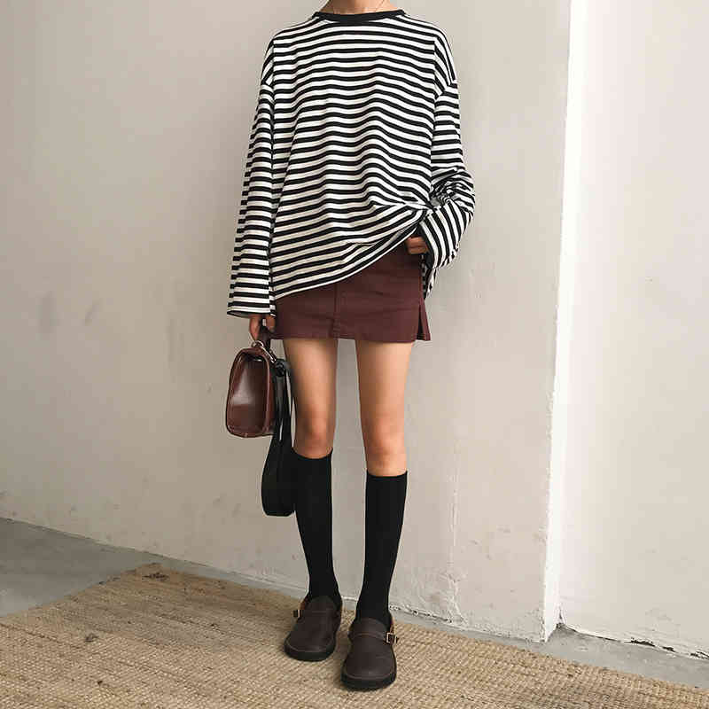 New Vintage Fashion Basic Loose Casual Striped All Match Simple Long Sleeve Female T-shirts 210406