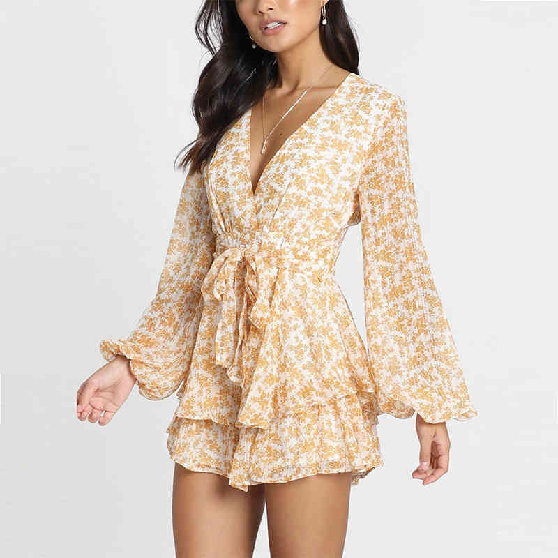 Summer Floral Print Beach Dress Deep V Neck Mini Bud Dresses Lady Bandage Transparent Long Sleeve Holiday Dress Sundress 210414