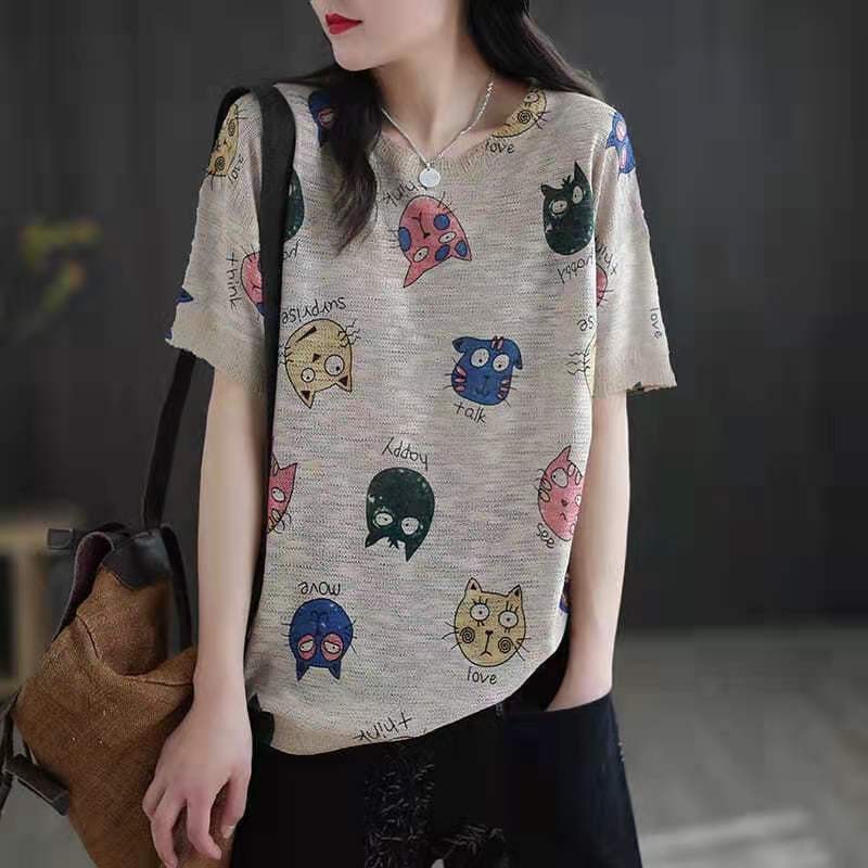Arrival Summer Korean Style Women Loose Casual Short Sleeve O-neck T Shirt All-matched Cotton Cartoon Print T-shirt W134 210512