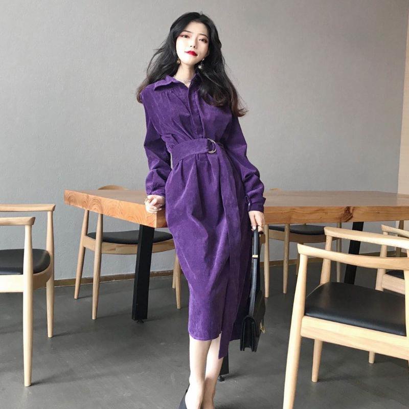 Casual Dresses 2021 Autumn Winter Women Corduroy Purple Dress Korean Style Solid Color One Piece Long Chic Slim Fit Sleeve Vestidos