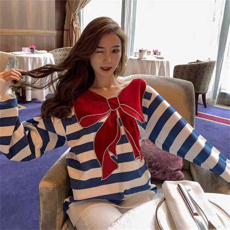 Nomikuma Sexy Strapless Stripe Sweatshirt Korean Beads Bowknot Pullover Jumper Autumn Winter Women Hoodies Tops 6C993 210427
