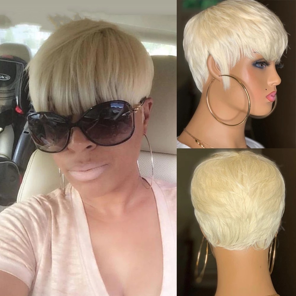 Honey Blonde Color Wavy Short Bob Wig With Bangs Pixie Cut No Lace Front Indian Human Hair Wigs For Women