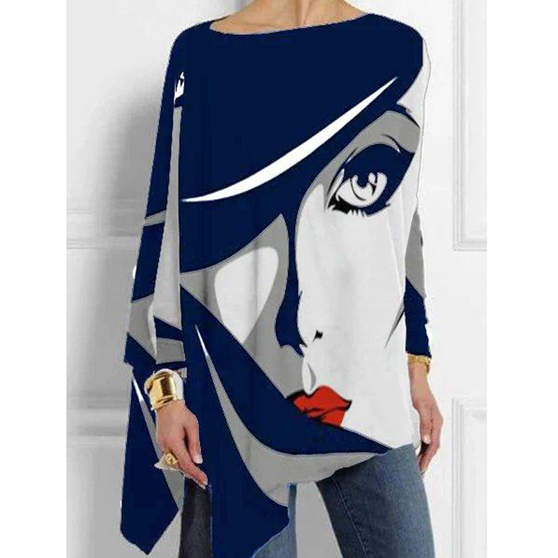 Plus Size White-Black Abstract Vintage Tops Women Loose Crew Neck Cotton Casual Shirts Long Sleeve Irregular T-shirt Print 210406