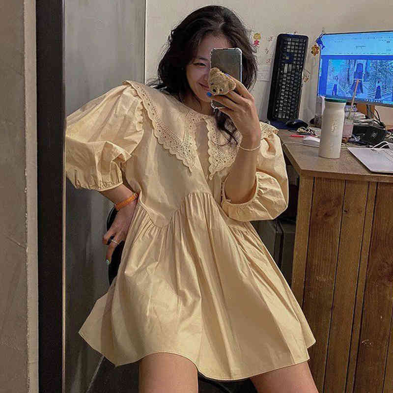 Nomikuma Korean Summer Woman Dress Peter Pan Collar Half Puff Sleeve Dresses Causal Bow Tie Backless Vestido De Mujer 6G666 210427