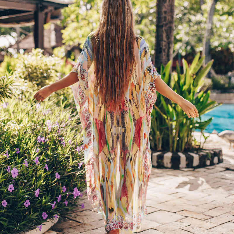 Bohemian Printed Summer Beach Dresses Chiffon Tunic Women Plus Size Wear Swim Suit Cover Up Sarongs Plage pareos Q678 210420
