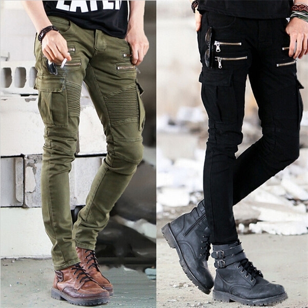 Mens Skinny Runway Distressed slim elastic jeans hiphop Washed Green Black Zipper Pockets Denim Biker Pencil Solid jeans X0621 - view 3