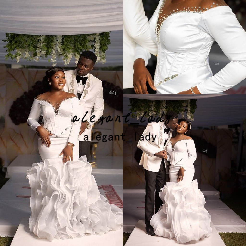 Plus Size Mermaid African Wedding Dresses 2022 Aso Ebi Arabic Sheer O-neck Long Sleeve Ruffles Clound Skirt Bridal Dress