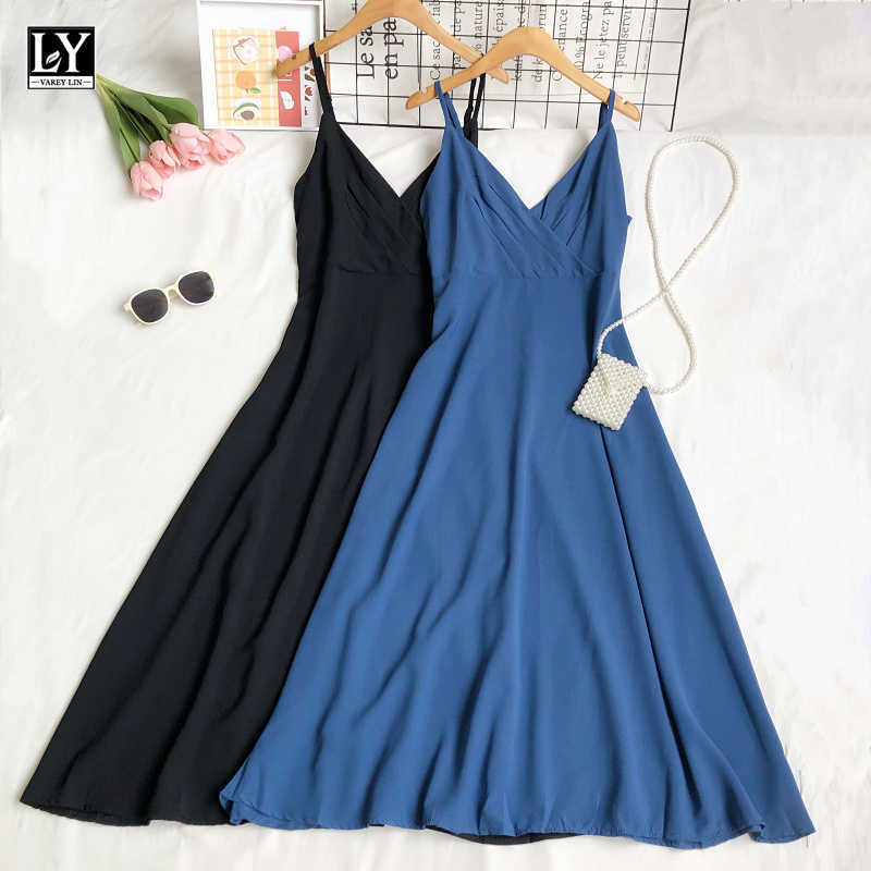 LY VAREY LIN Summer Women Sexy Slim Solid Color High Waist A-line Suspender Dress Casual V-neck Sleeveless 210526