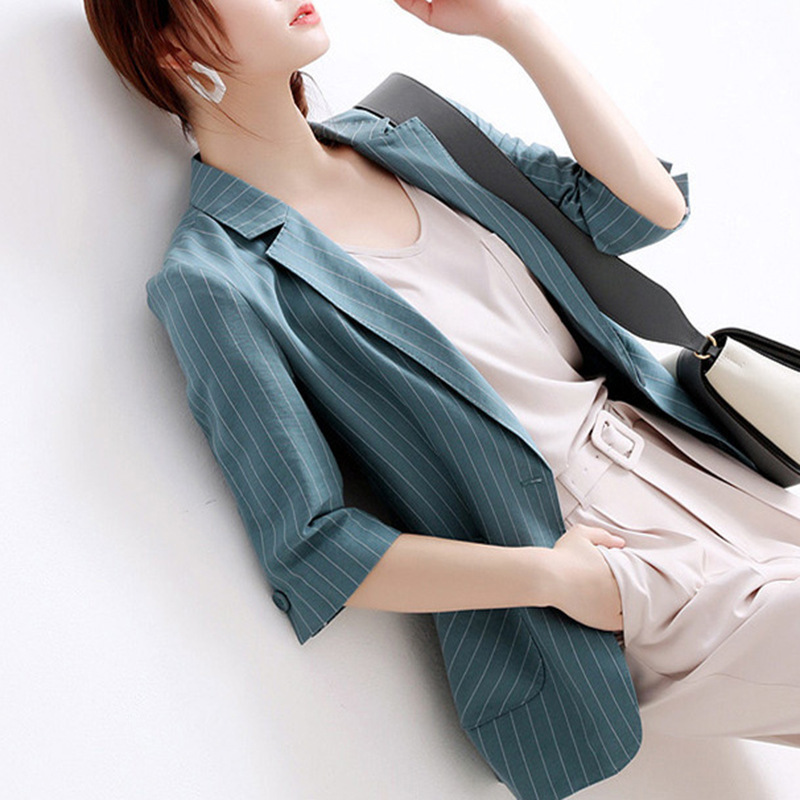 Spring Elegant Office Lady Silm Blazers Fashion Fresh Turquoise Striped Women Coats Casual Loose Soft Woman Jacket 210525