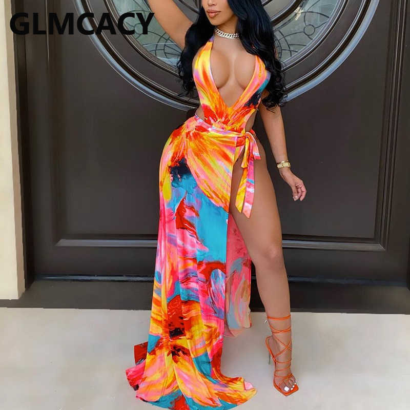 Women Printed Plunge V-neck Sleeveless Slit Belt Maxi Dress 210702