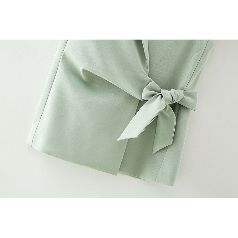 fashion women green vest elegant lady v-neck bow outerwear causal female polyester and cotton girls chic sets 210527