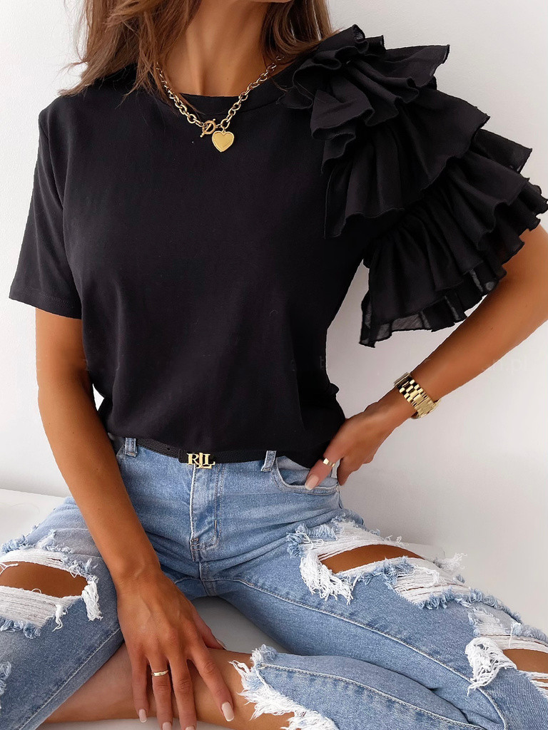 Casual Ruffles Short Sleeve T-shirts Women Summer O Neck Streetwear Loose Cotton Splice Irregular Ladies White Black Tee Shirts 210507