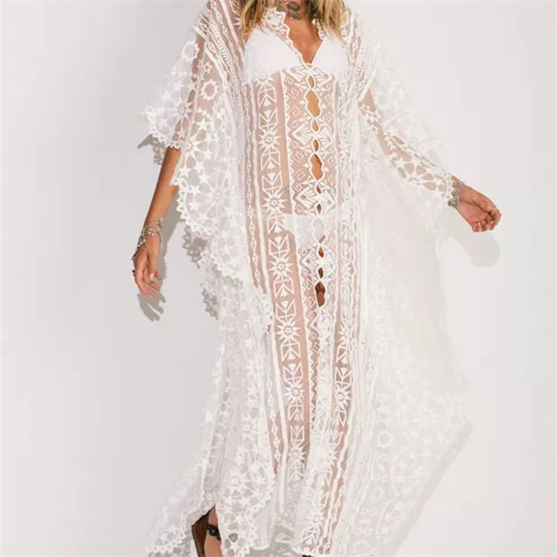 Lace Beach Cover up Pareo wear Swim suit Playa Tunics for Swimwear Women Dress #Q958 210420