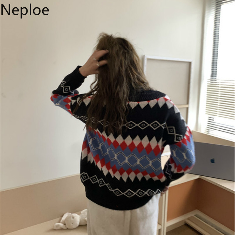 Neploe Knitted Plaid Cardigan Winter Clothes Thicked Knitted Sweater Women Pull Femme Loose Casual Knitwear Sueter Coat 210422