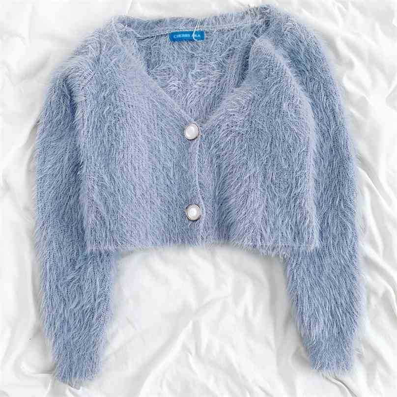 Autumn Winter Furry Short Cardigan Women Slim Long Sleeve Button Up Crop Sweater Ladies Knitted Top 210525, Sky blue
Autumn Winter Furry Short Cardigan Women Slim Long Sleeve Button Up Crop Sweater Ladies Knitted Top 210525, Sky blue