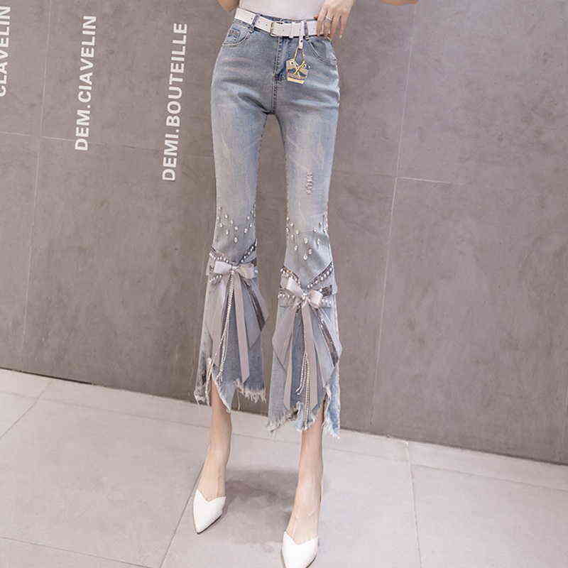 High Waist Jeans Women Ripped Cropped Women's Spring Summer Irregular Beaded Bow Flared Denim Pants Ladies 211129