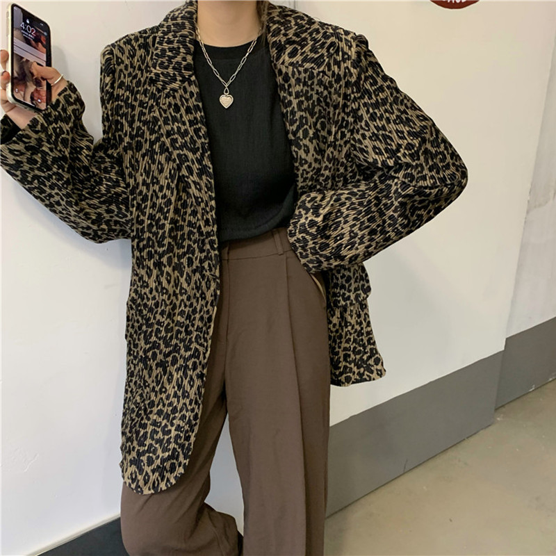 OL Work Wear Fashion Leopard Blazer Women Autumn Elegant Tops Chic Cardigan Loose Thin Suit Jack Female Blazers 210421