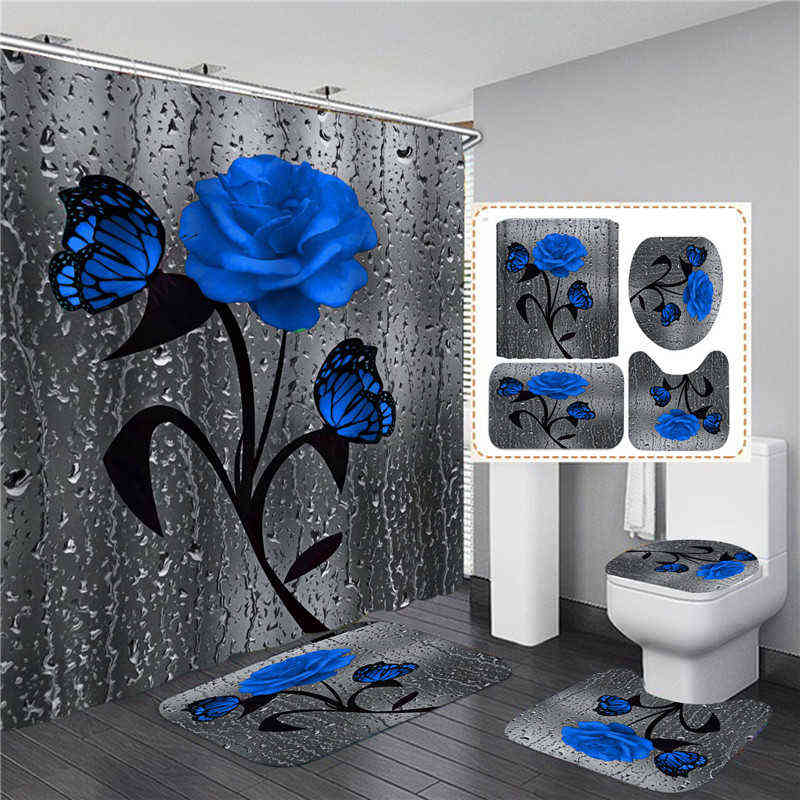 4 pcs Rose Print 3D Shower Curtain Waterproof Polyester Bathroom Curtain Antislip Bath Mats Set Toilet Rugs Carpet Home Decor 2119092723