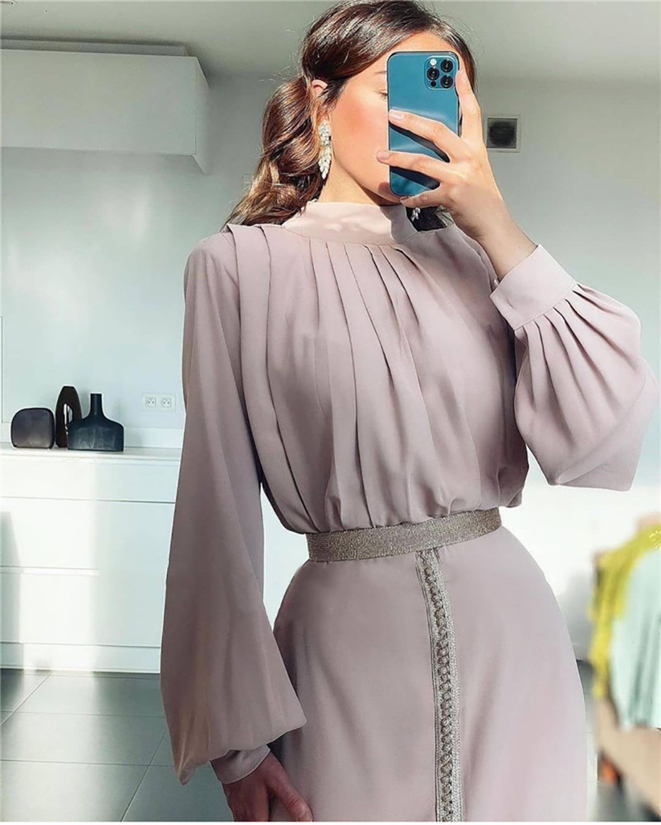 Simple Old Lavender Chiffon A Line Formal Evening Dresses Puff Long Sleeves High Neck Front Slit Floor Length Prom Gowns