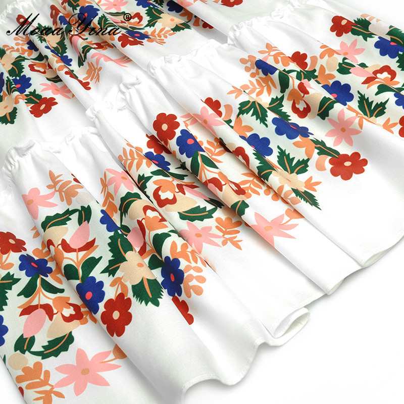 Summer Floral Elegant White Dress Women's V-Neck sleeveless High waist Printed Vacation Midi Vestidos 210524