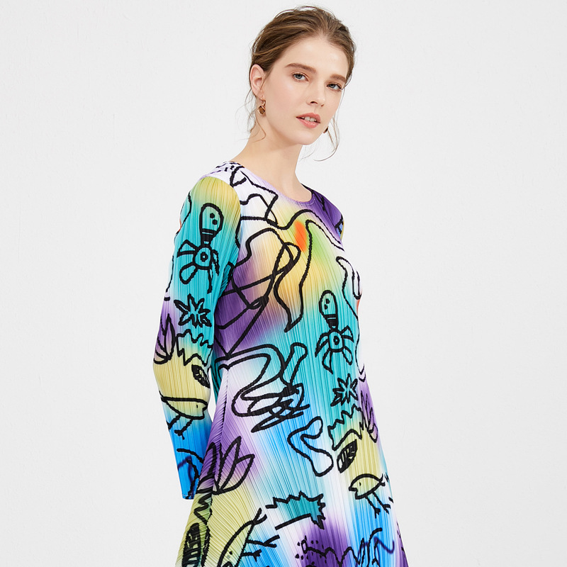 VKBN Summer Dress Long Sleeve Printing Elastic Elegant Dress Fold Abstract Creative O Neck Vestidos De Fiesta 210507