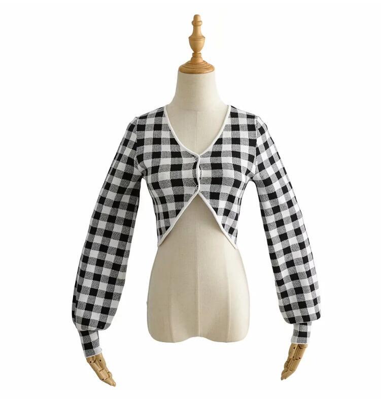 CHIC French Check Plaid Knitted Crop Cardigan Sweater Retro Woman V neck Long Lantern Sleeve Gingham Jumper Short Knitwear 210429