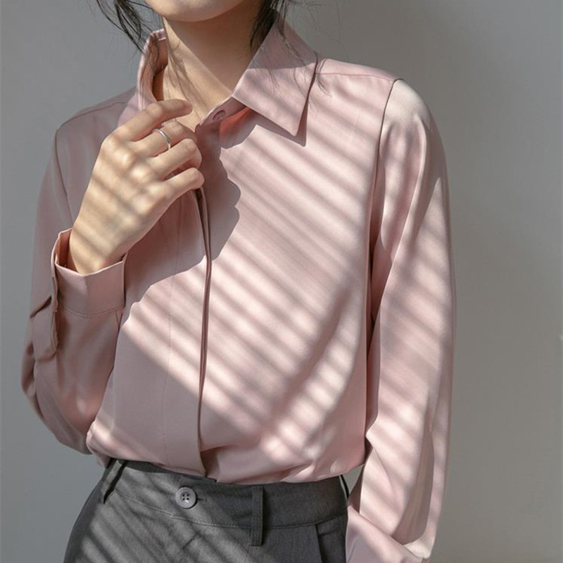 Spring Autumn OL Elegant Minimalist Satin Career Suit Shirt Women Chiffon Blouses Loose Lapel Long Sleeve Tops 210421
