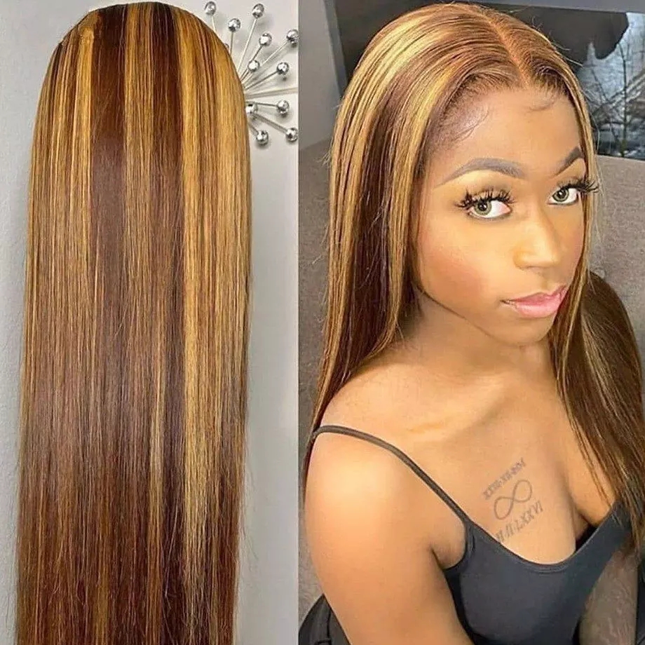 

Long Straight Hair Highlight None Lace Frontal Brazilian Wigs Honey Blonde Ombre Brown Synthetic Wig For Black Women, Ombre color like picture show