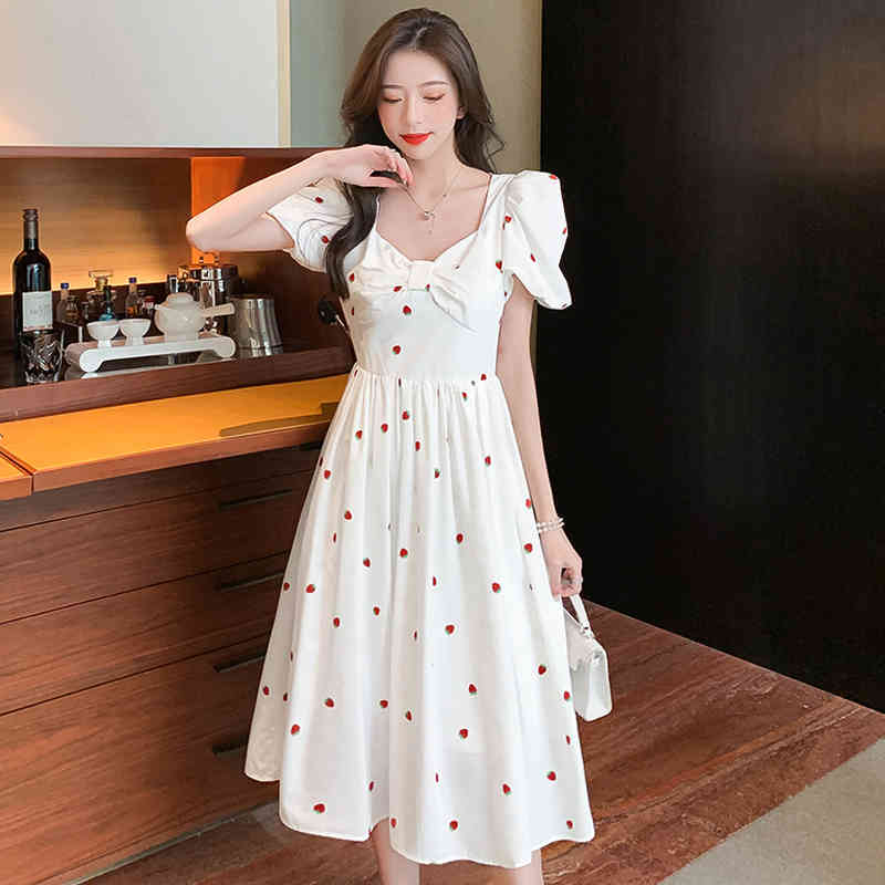 Summer Fairy Dress Women Vintage Elegant Square Collar Puff Sleeve Sweet Strawberry White High Wiast Slim 210519