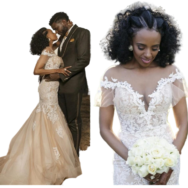 Vintage Champagne Mermaid Wedding Dresses 2022 Sheer Jewel Neck Sweep Train Country Wedding Dress Appliques Lace Garden Beach Bridal Gowns