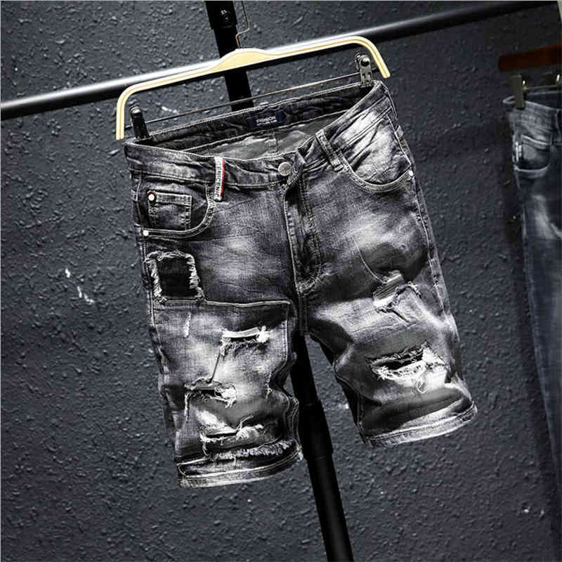 Men Gray Ripped Denim Shorts New Summer Holes Black Short Jeans High Quality soft Cotton Stretch Jean Short Knee Length Jeans 210401