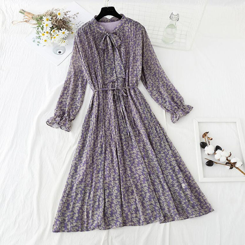 Spring Chiffon Floral Dress Women Vintage Long Sleeve Female Pleated Midi Dress Elegant Sashes Party Vestidos Femme 210521
