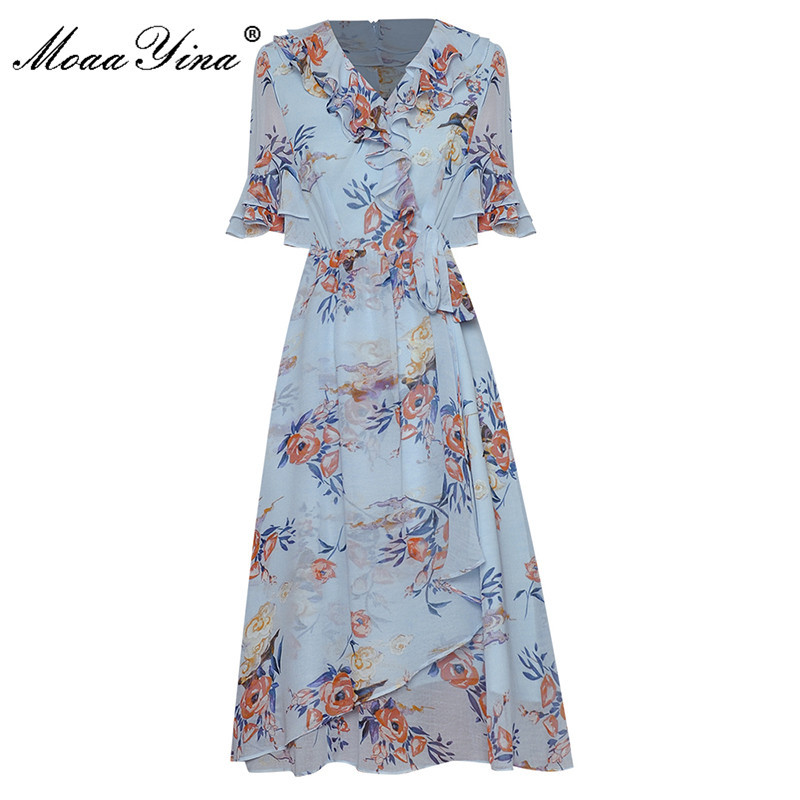Fashion Runway Summer Holiday Dress Women's V-neck Ruffles Floral print Chiffon Vintage Midi 210524