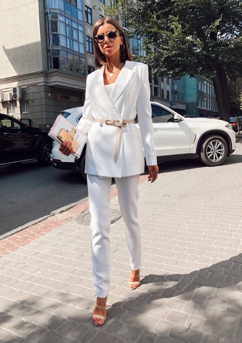White Bridal Women Blazer Suit Double Breasted Long Sleeve Slim Fit Ladies Formal Pants Suits Prom Party Wedding (jacket+pants)