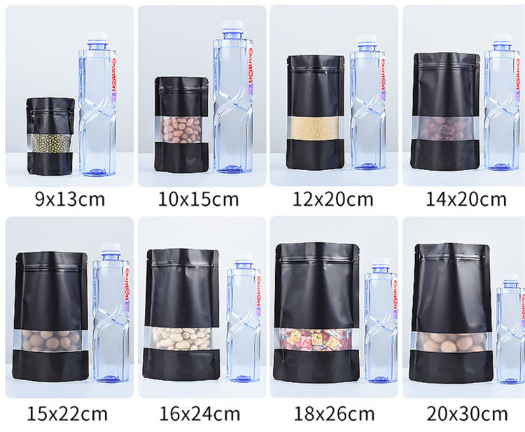 100pcs Stand up Matte Black Aluminum Foil Window Zip Lock Bag Resealable Meat Coffee Powder Snack Nuts Xmas Wedding Gifts Heat Sealing Packaging Pouch