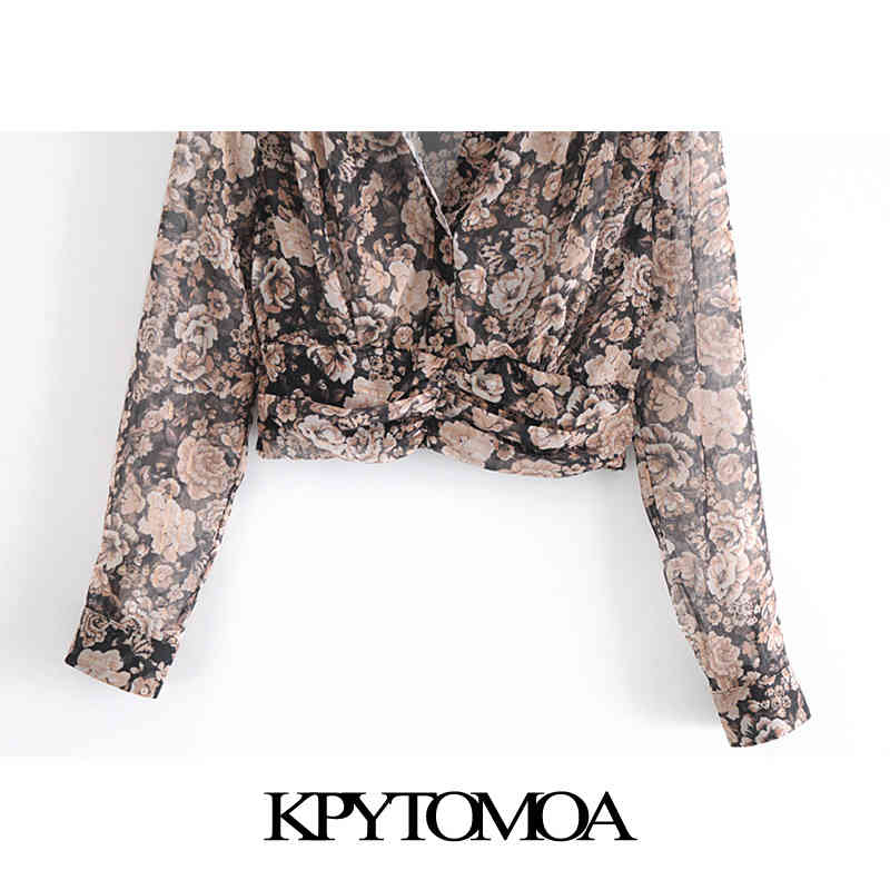 Women Fashion Metallic Thread Floral Print Cropped Blouses Long Sleeve Elastic Hem Female Shirts Chic Tops 210420